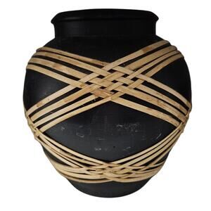Vintage Black Clay Pot Vase w/ Woven Bamboo Wrap Rustic Boho Decor 3.25" Opening